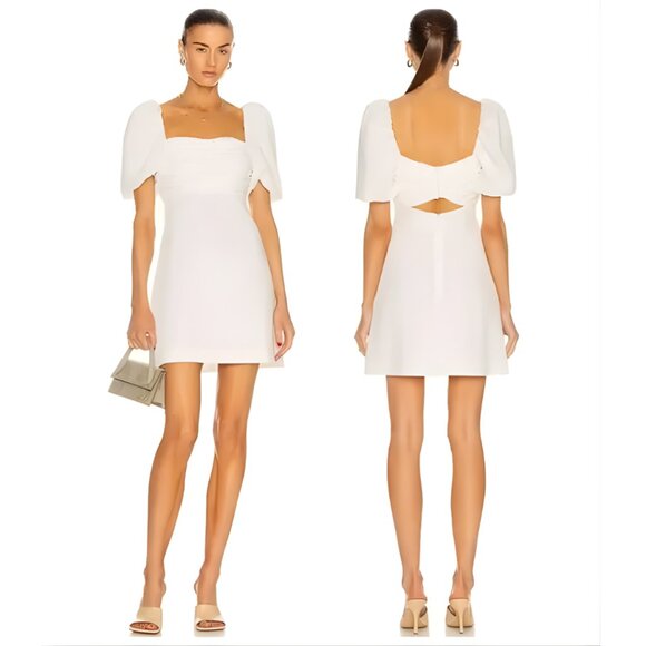 Cinq A Sept Mini Dress Size 10 White Puff Sleeve Cutout Back Women’s